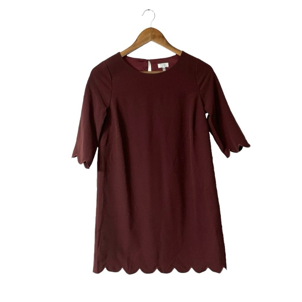 NEW Tobi Burgundy Merlot Red Mini Dress Long Sleeve Scallop Cocktail Guest XS